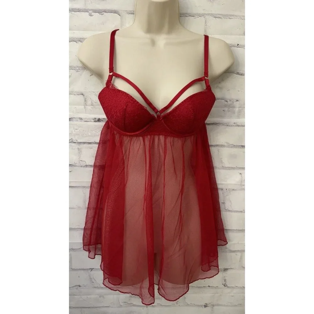 Victoria’s Secret Size 32C Red Push Up Babydoll‎ Chiffon Lace Neglige